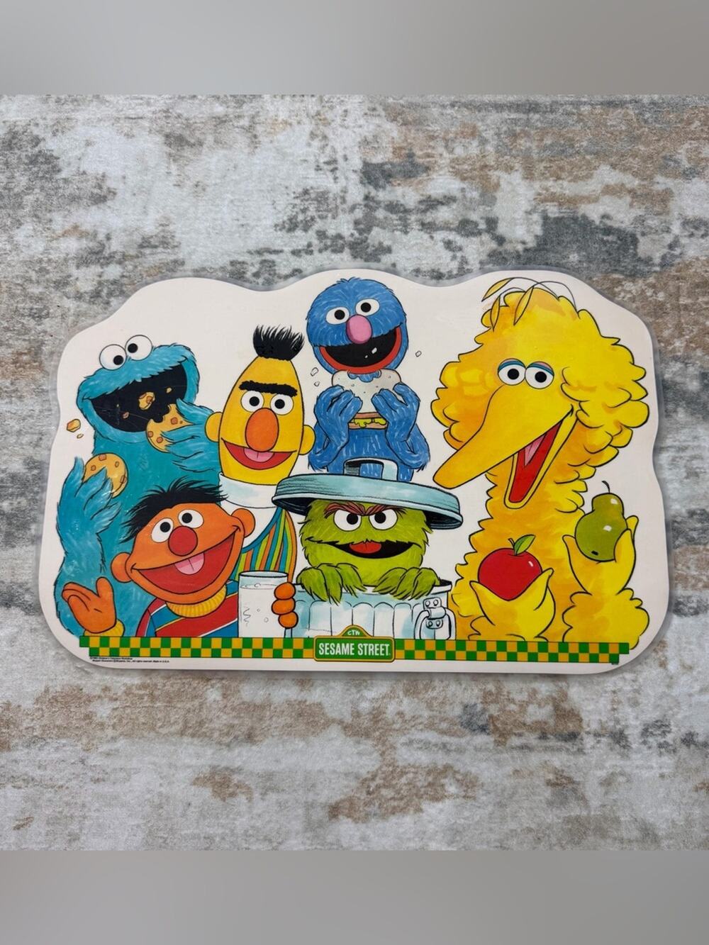 VTG Sesame Street Vinyl 2-side Placemat Big Bird Elmo Grouch Cookie Monster 80s